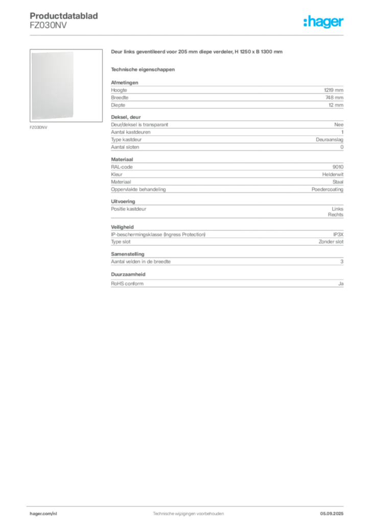 Afbeelding Hager Productdatablad FZ030NV | Hager Nederland