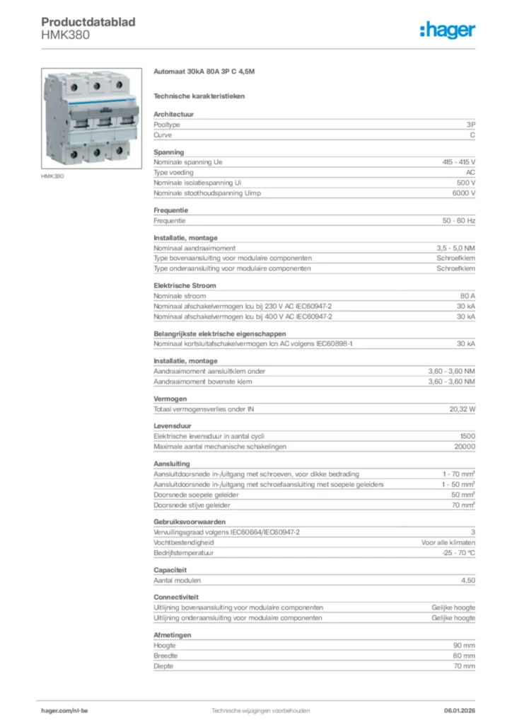 Afbeelding Hager Productdatablad HMK380 | Hager Belgium