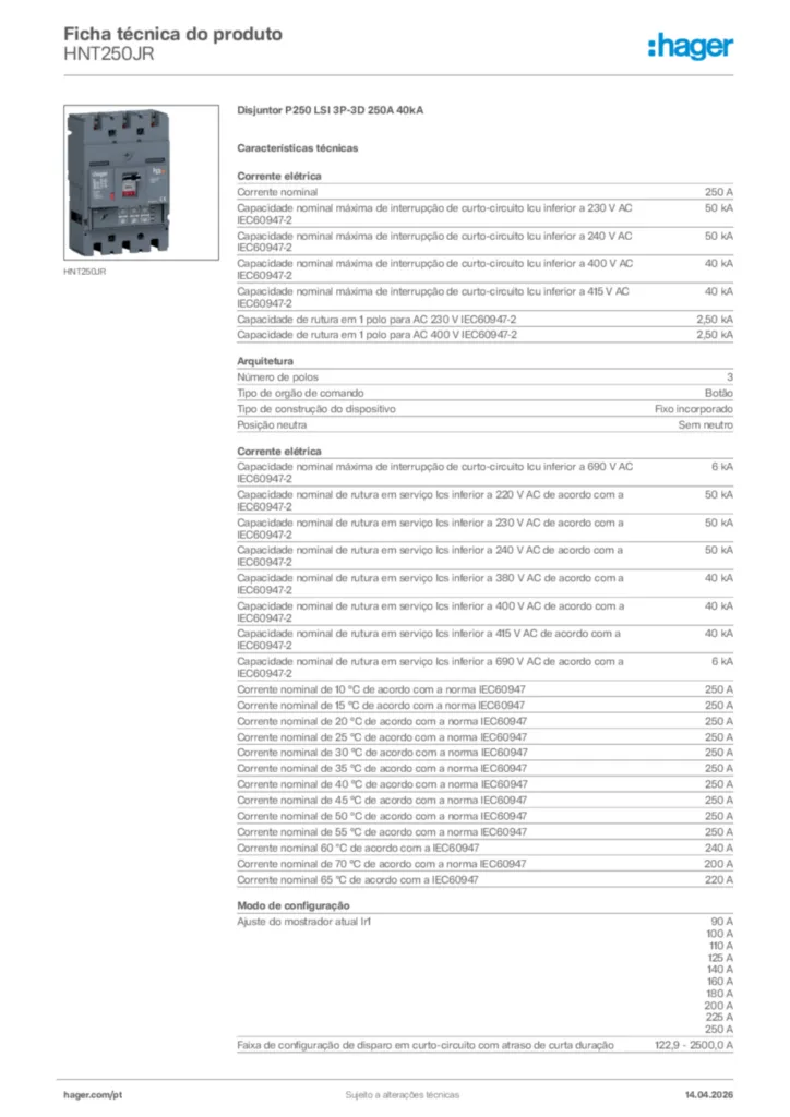 Imagem Hager Ficha técnica do produto HNT250JR | Hager Portugal