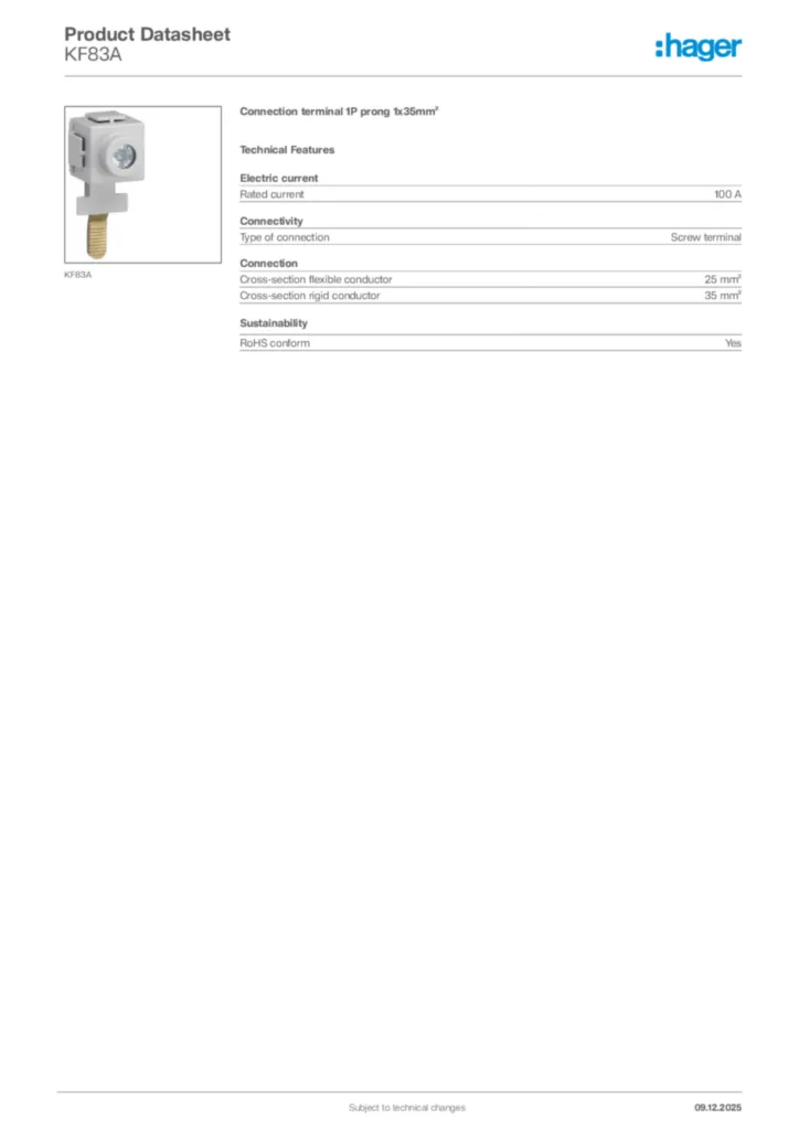Image Hager Product data sheet KF83A  | Hager Africa
