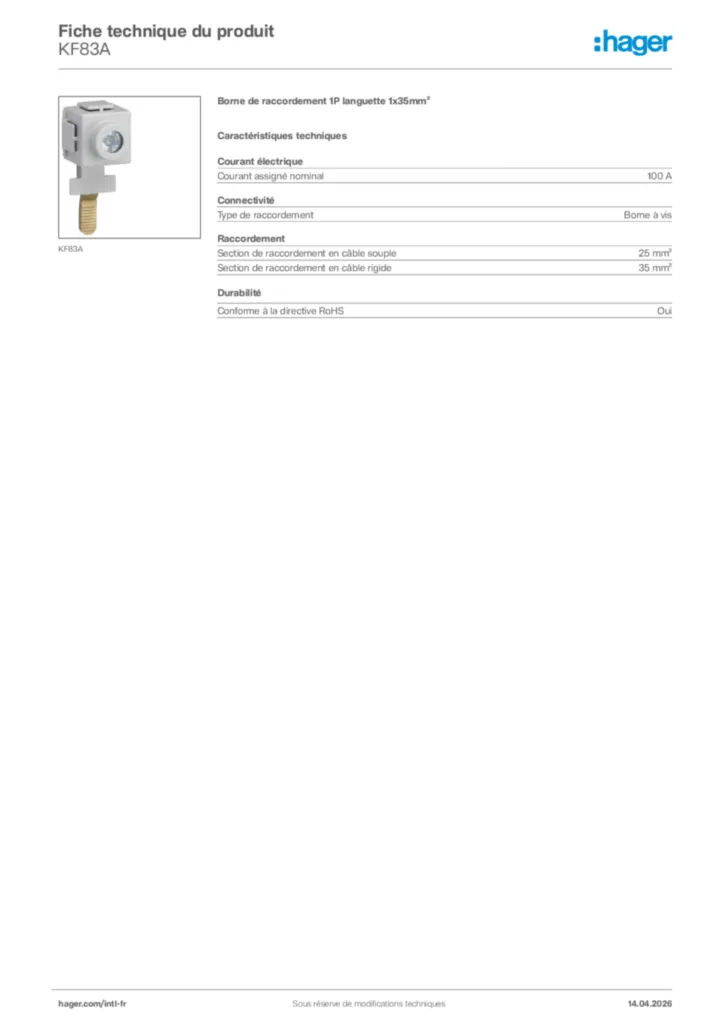 Image Hager Fiche technique du produit KF83A | Hager Afrique