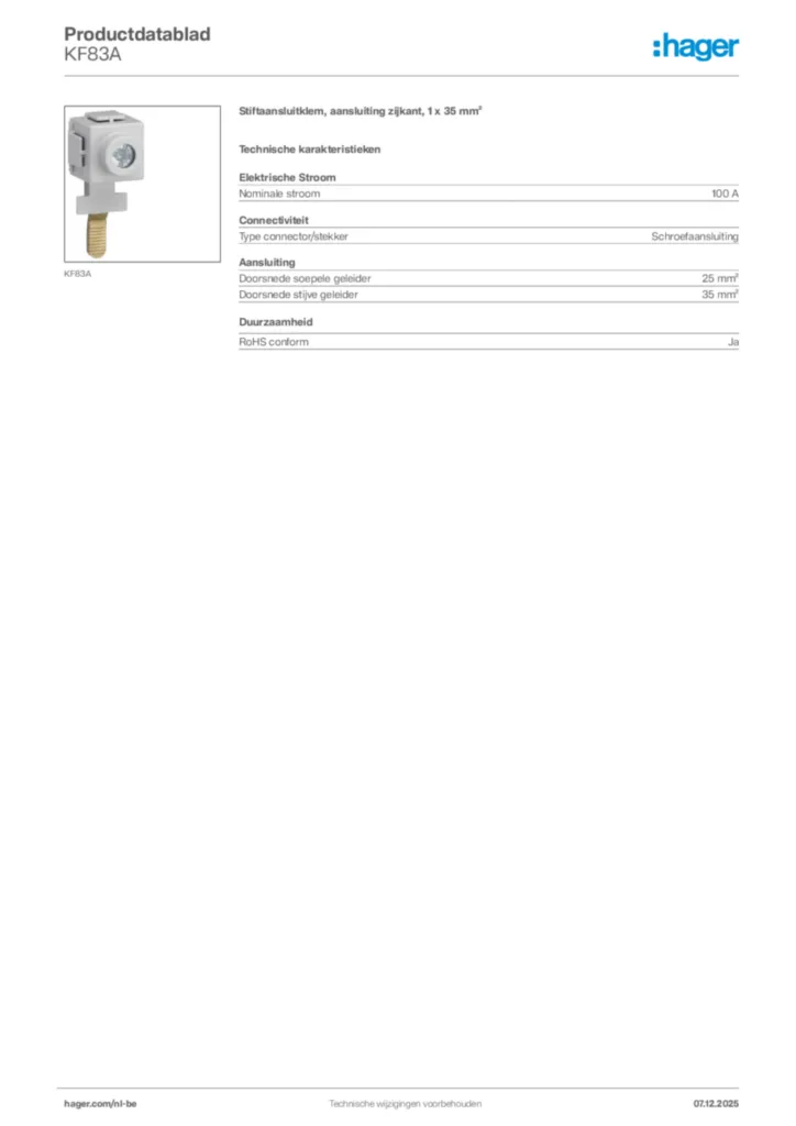 Afbeelding Hager Productdatablad KF83A | Hager Belgium
