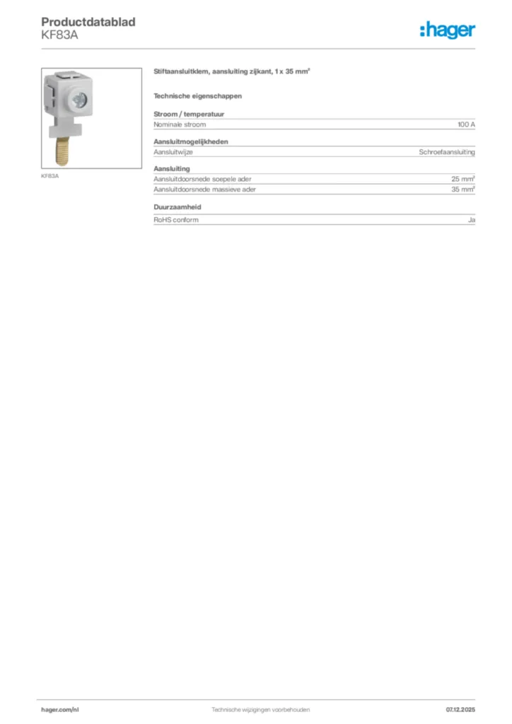 Afbeelding Hager Productdatablad KF83A | Hager Nederland