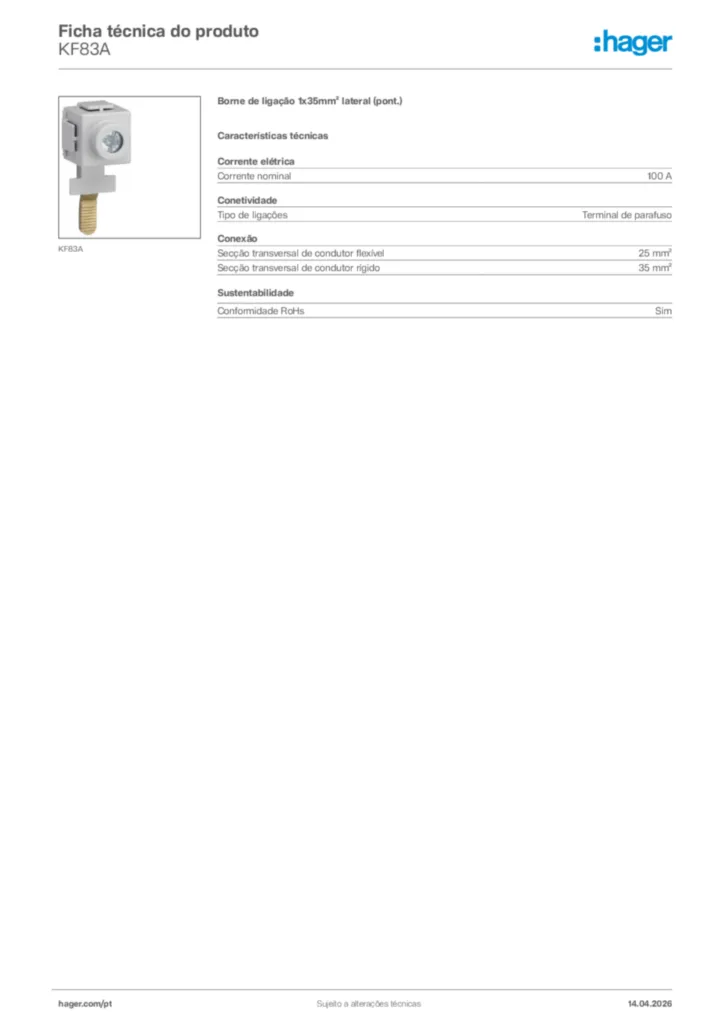 Imagem Hager Ficha técnica do produto KF83A | Hager Portugal