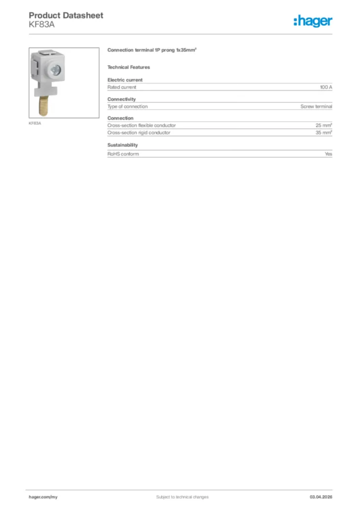 Image Hager Product data sheet KF83A  | Hager