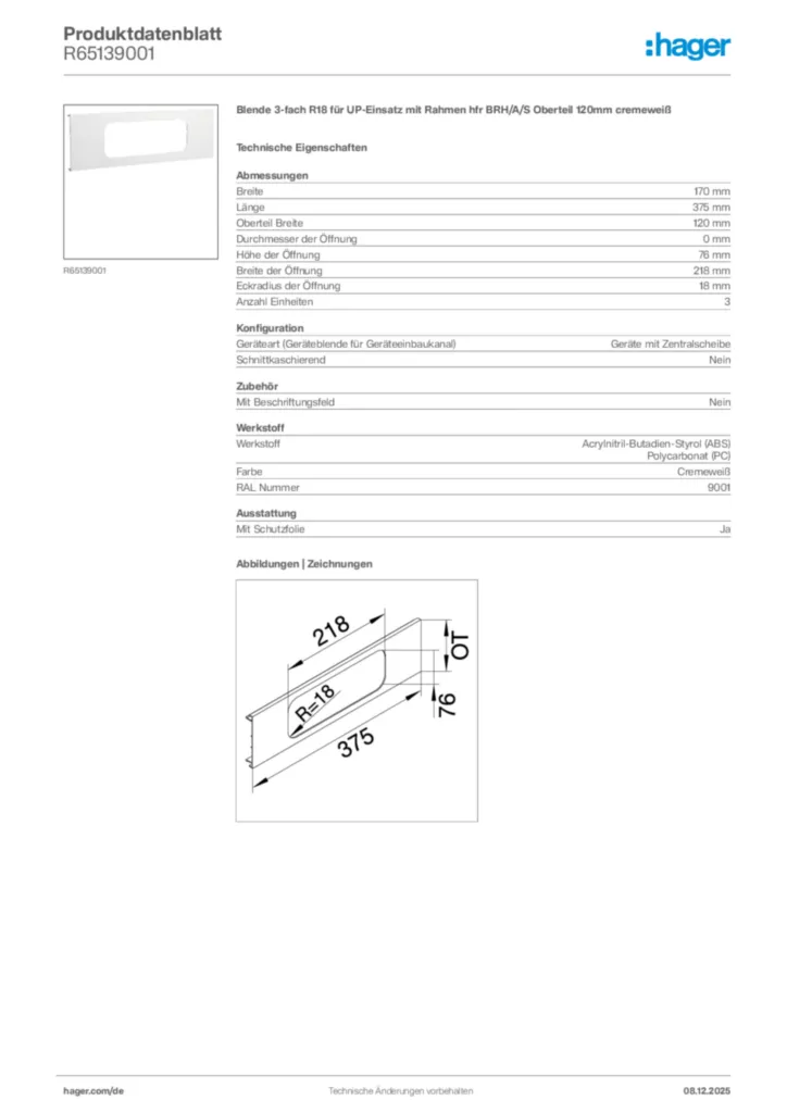 Bild Hager Produktdatenblatt R65139001 | Hager Deutschland