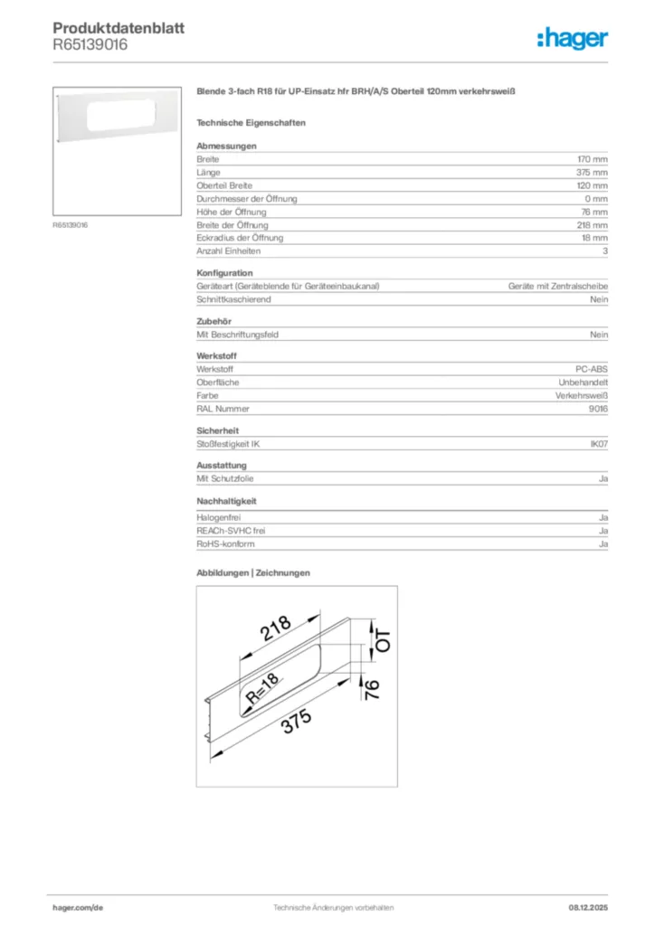 Bild Hager Produktdatenblatt R65139016 | Hager Deutschland