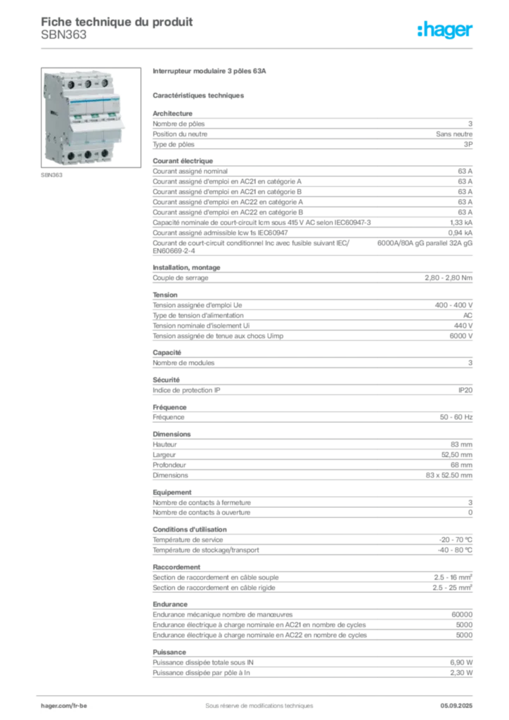 Image Hager Fiche technique du produit SBN363 | Hager Belgique