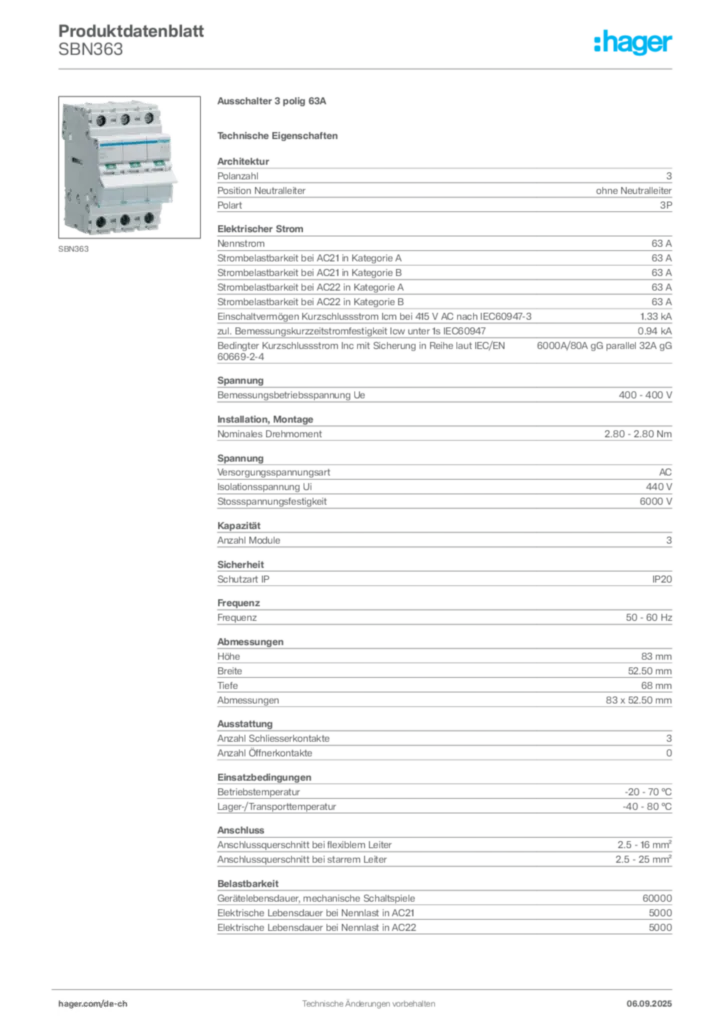 Bild Hager Produktdatenblatt SBN363 | Hager Schweiz