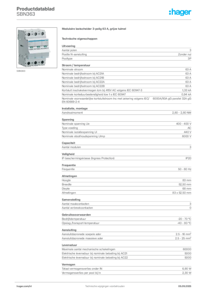 Afbeelding Hager Productdatablad SBN363 | Hager Nederland