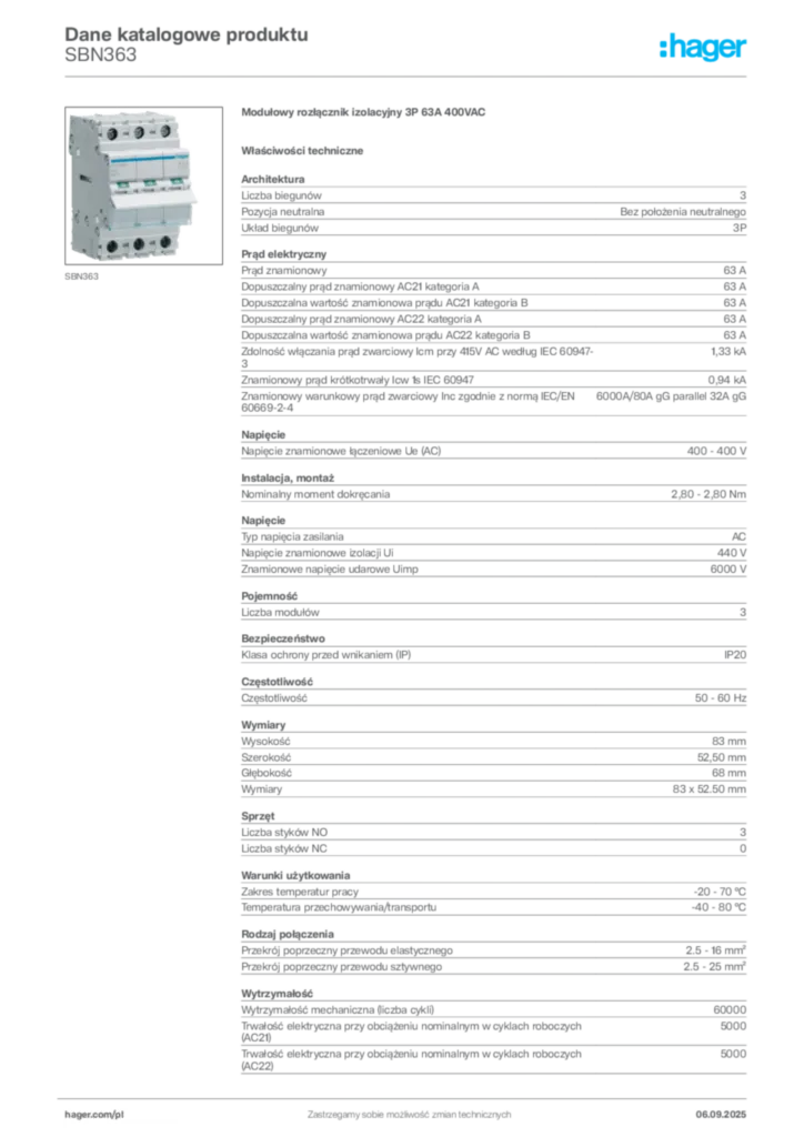 Zdjęcie Hager Dane katalogowe produktu SBN363 | Hager Polska