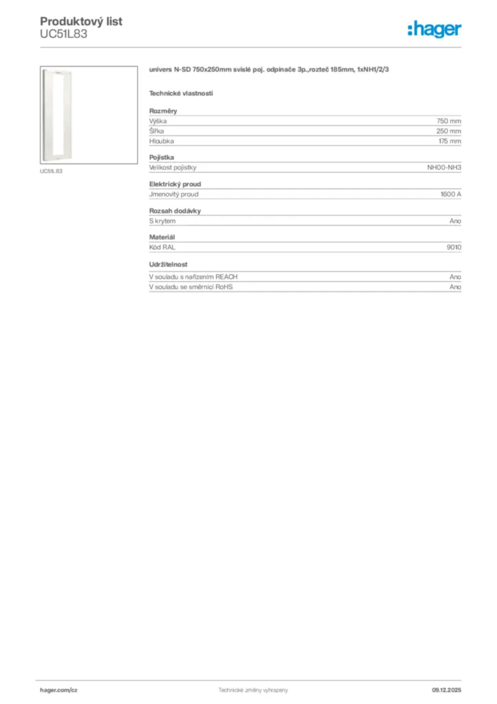 Obrázek Hager Product data sheet UC51L83 | Hager
