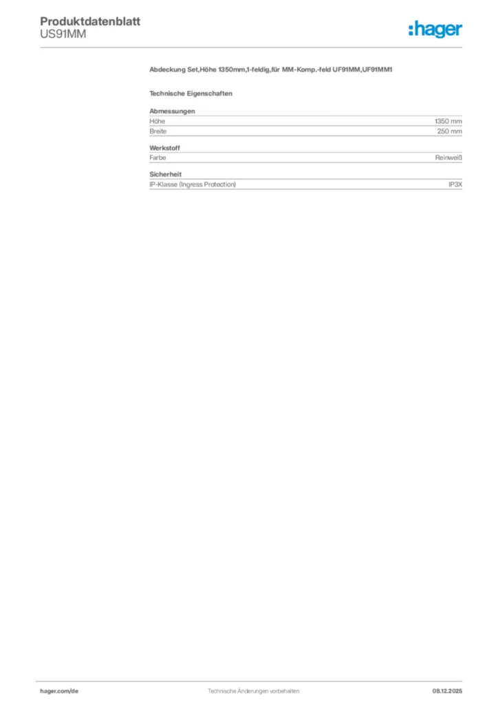 Bild Hager Produktdatenblatt US91MM | Hager Deutschland