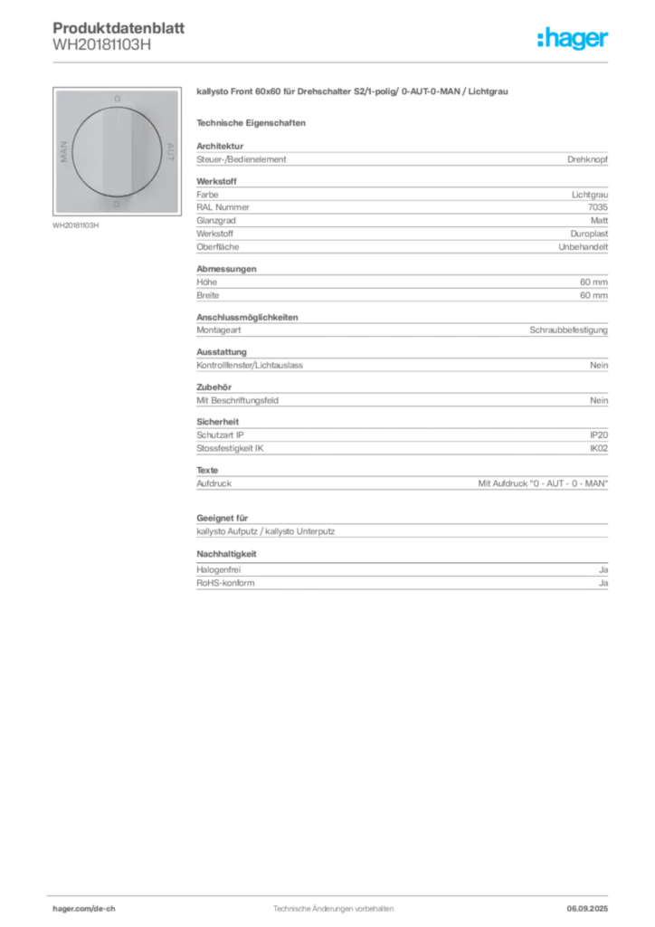 Bild Hager Produktdatenblatt WH20181103H | Hager Schweiz