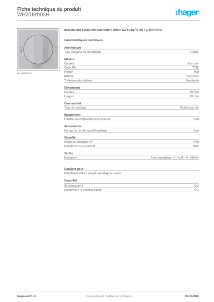 Image Hager Fiche technique du produit WH20181103H | Hager Suisse