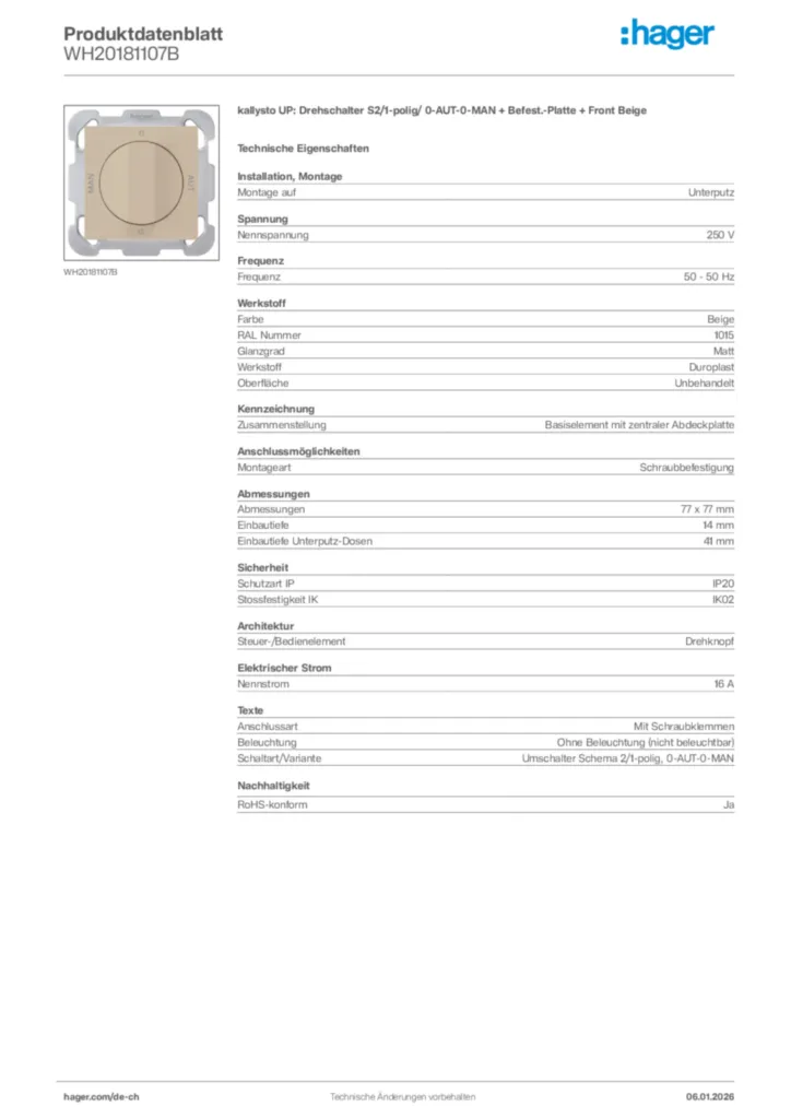 Bild Hager Produktdatenblatt WH20181107B | Hager Schweiz
