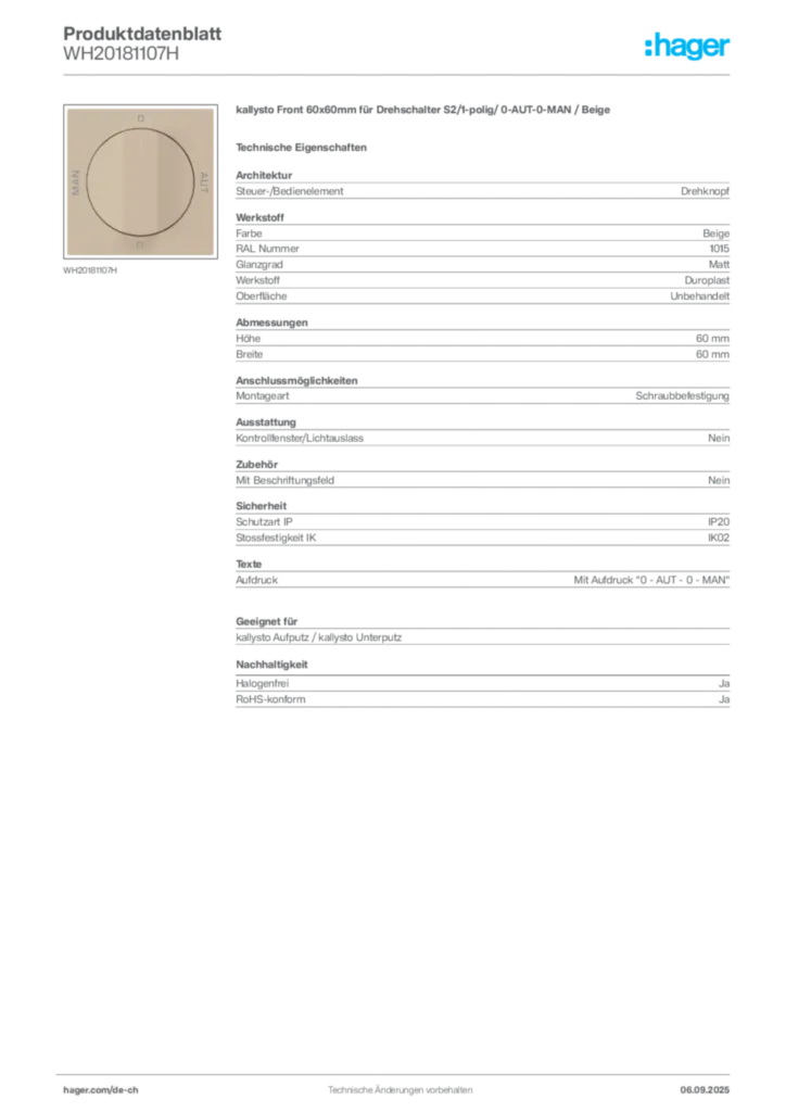 Bild Hager Produktdatenblatt WH20181107H | Hager Schweiz
