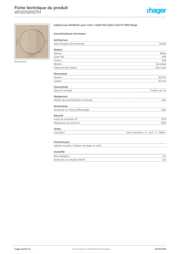 Image Hager Fiche technique du produit WH20181107H | Hager Suisse