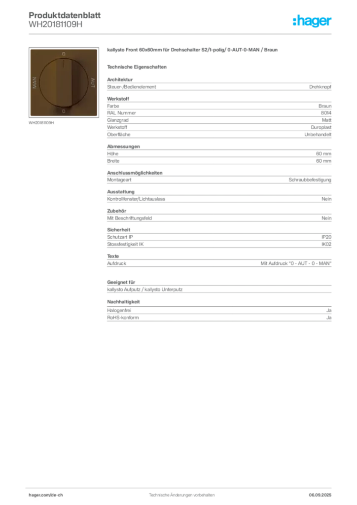 Bild Hager Produktdatenblatt WH20181109H | Hager Schweiz