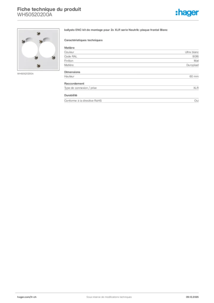 Image Hager Fiche technique du produit WH50520200A | Hager Suisse