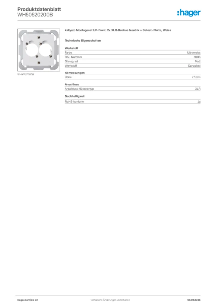 Bild Hager Produktdatenblatt WH50520200B | Hager Schweiz