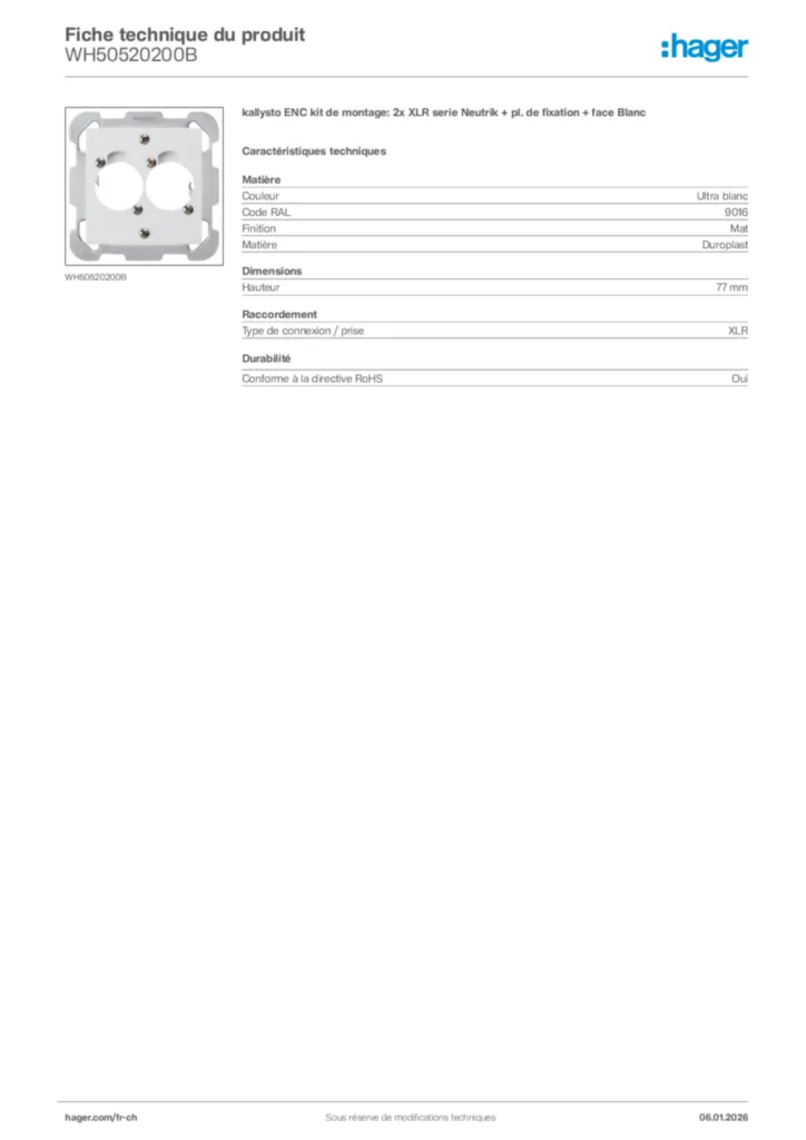 Image Hager Fiche technique du produit WH50520200B | Hager Suisse