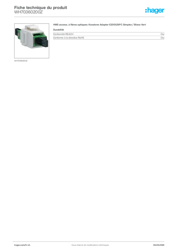 Image Hager Fiche technique du produit WH70360200Z | Hager Suisse