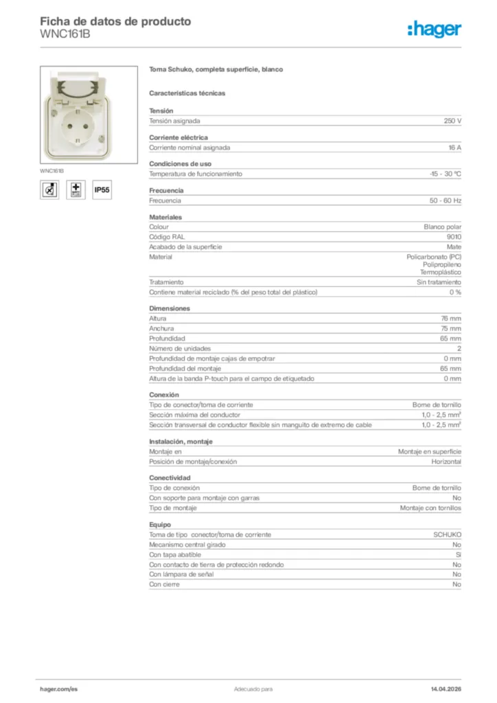 Imagen Hager Ficha de datos de producto WNC161B | Hager España