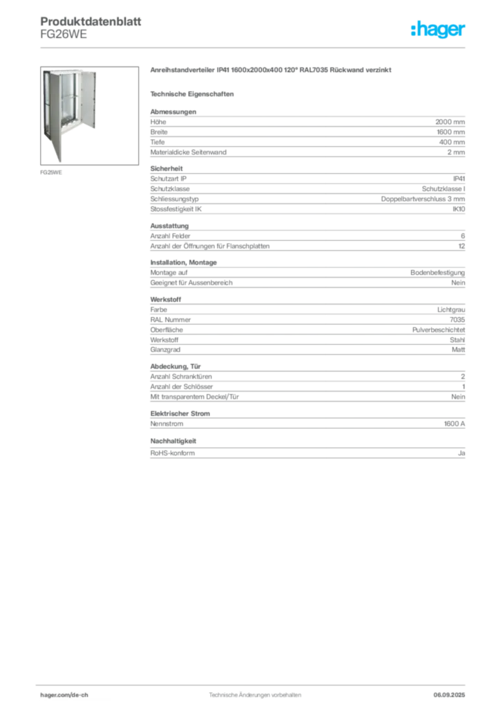 Bild Hager Produktdatenblatt FG26WE | Hager Schweiz