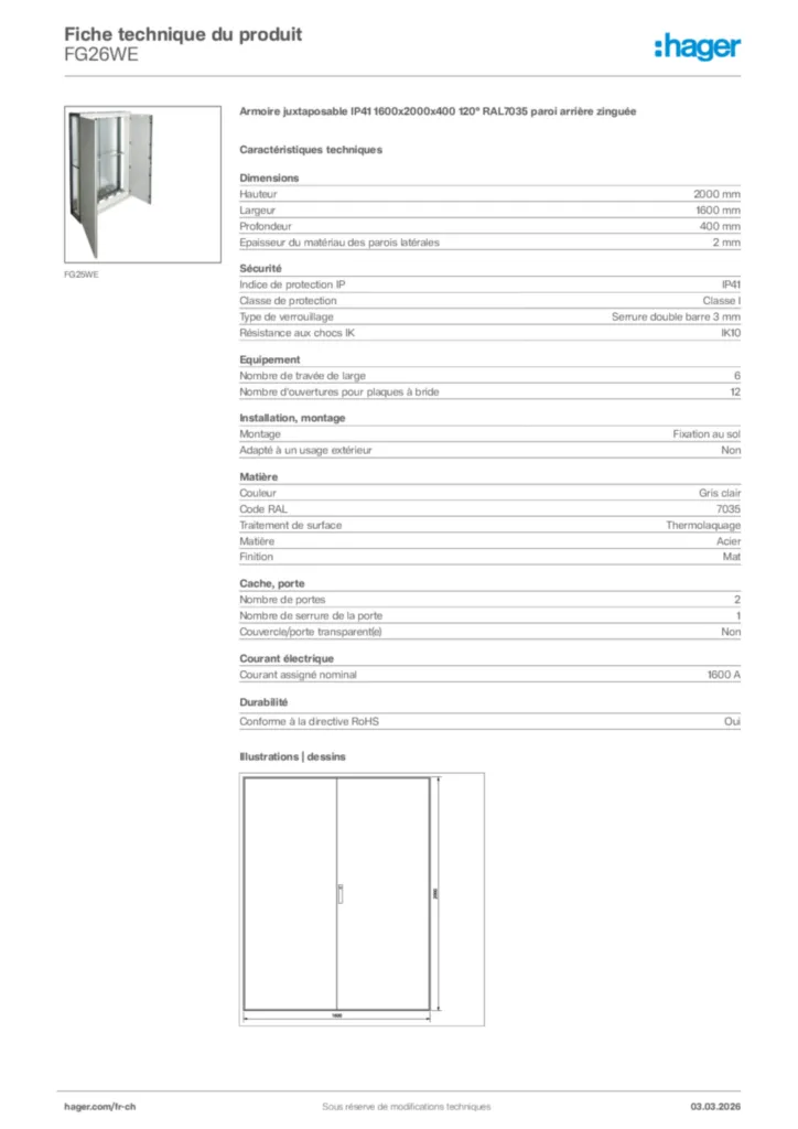 Image Hager Fiche technique du produit FG26WE | Hager Suisse
