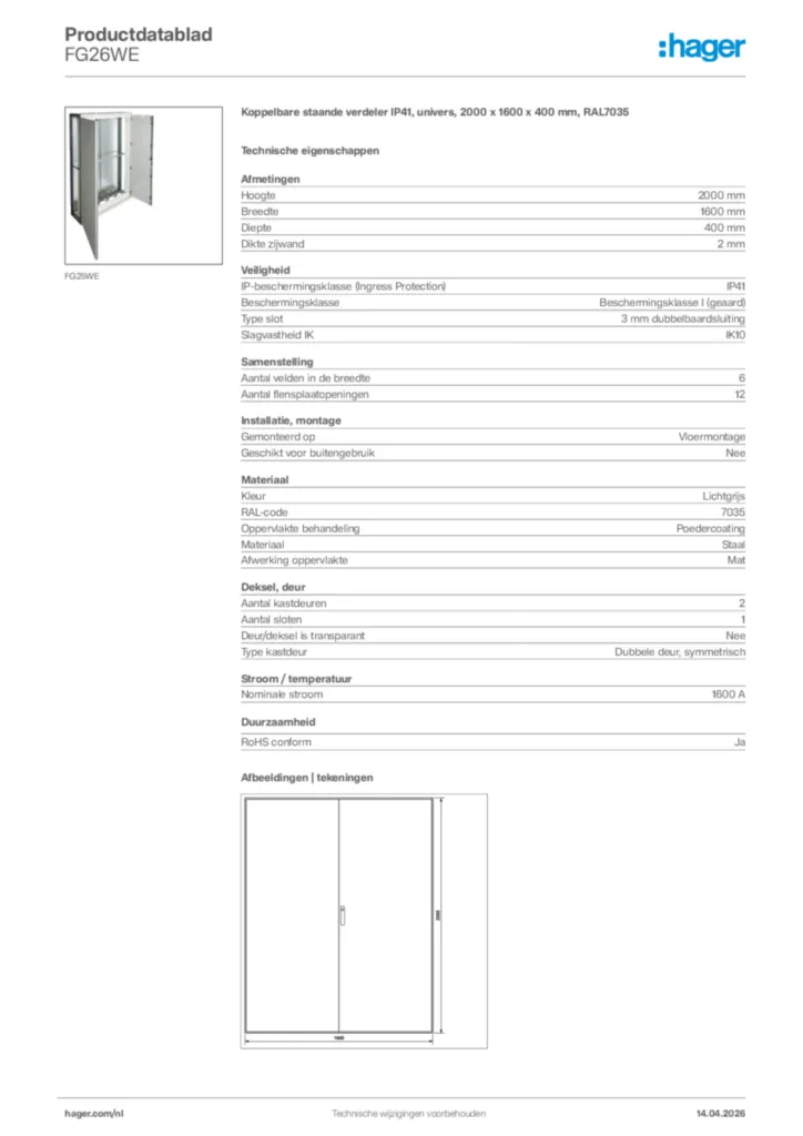 Afbeelding Hager Productdatablad FG26WE | Hager Nederland