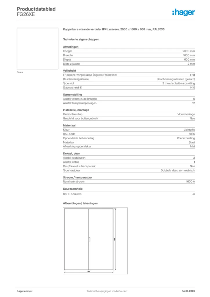 Afbeelding Hager Productdatablad FG26XE | Hager Nederland