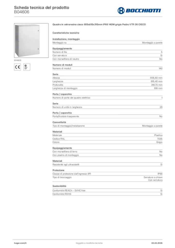 Immagine Bocchiotti Scheda tecnica del prodotto B04606 | Hager Italia
