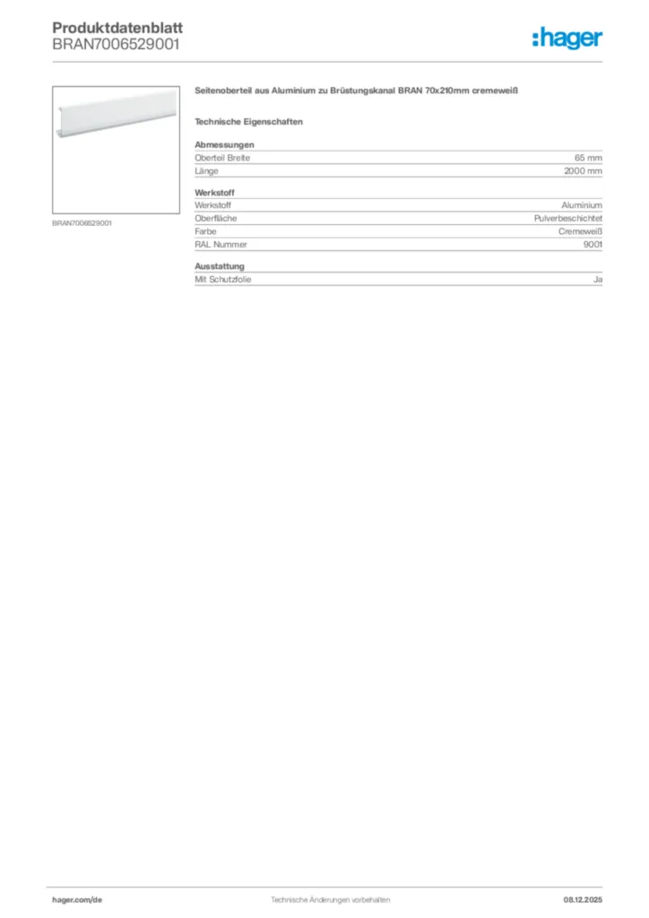 Bild Hager Produktdatenblatt BRAN7006529001 | Hager Deutschland