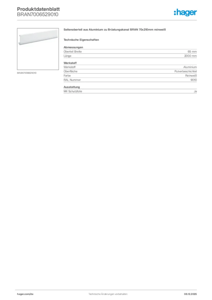 Bild Hager Produktdatenblatt BRAN7006529010 | Hager Deutschland