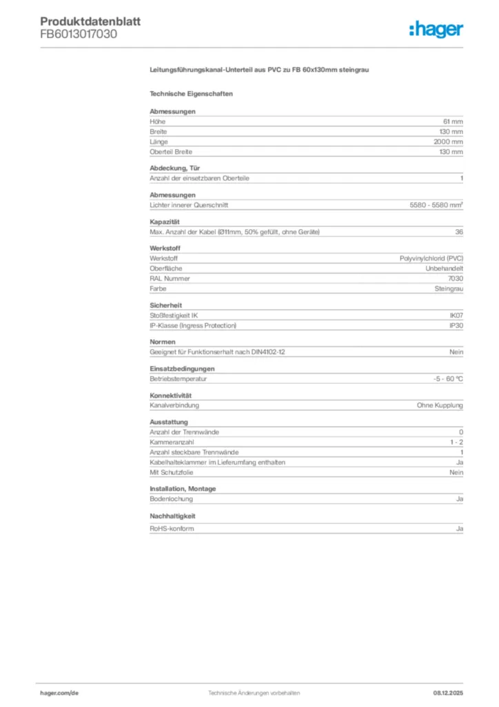 Bild Hager Produktdatenblatt FB6013017030 | Hager Deutschland