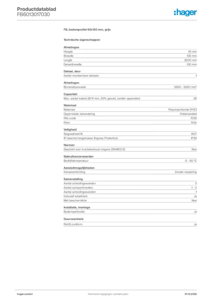 Afbeelding Hager Productdatablad FB6013017030 | Hager Nederland