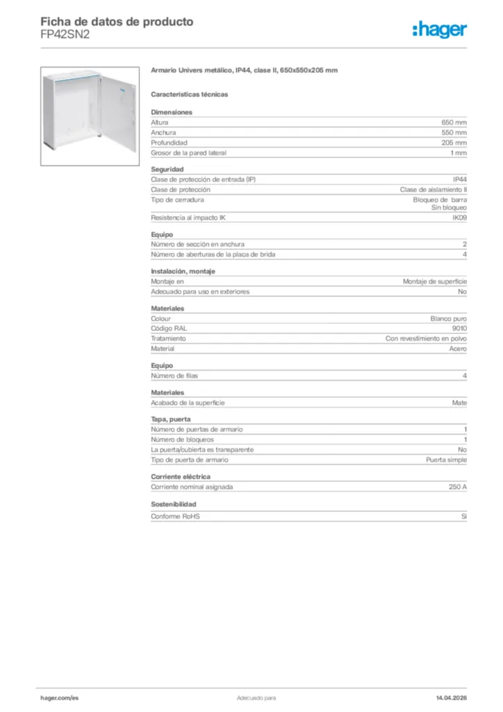 Imagen Hager Ficha de datos de producto FP42SN2 | Hager España