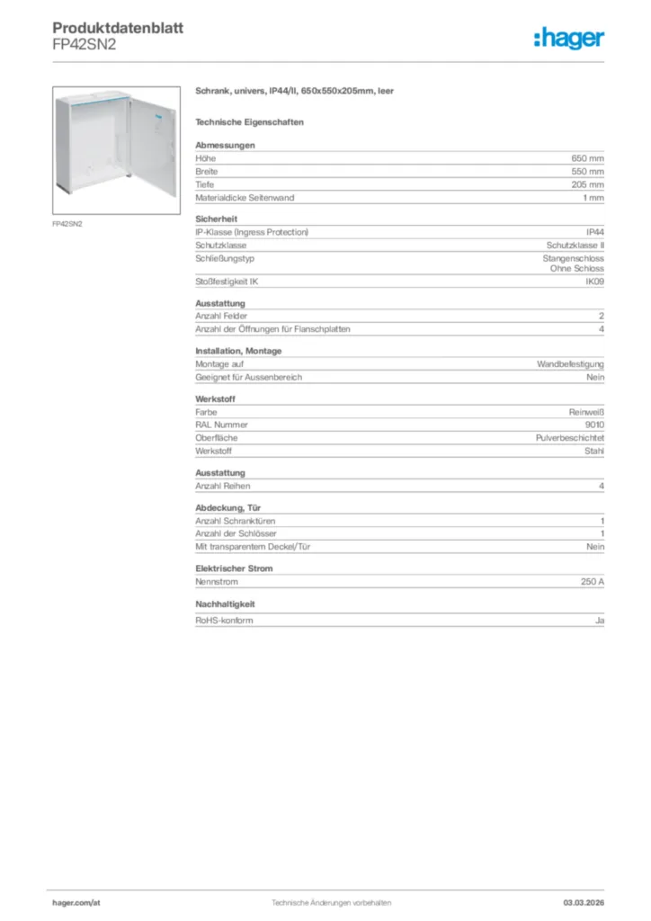 Bild Hager Produktdatenblatt FP42SN2 | Hager Deutschland