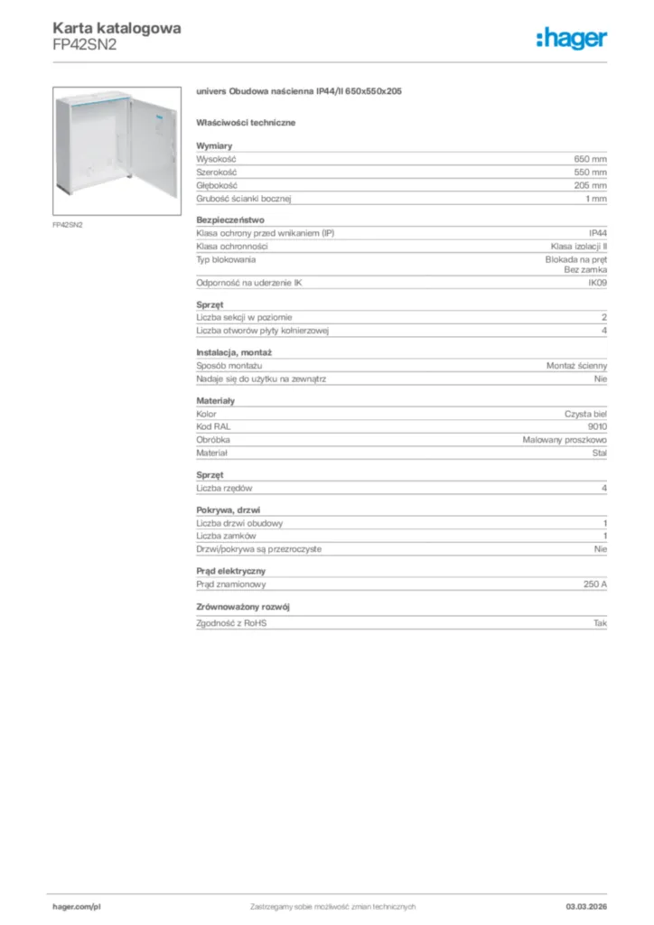 Zdjęcie Hager Karta katalogowa FP42SN2 | Hager Polska