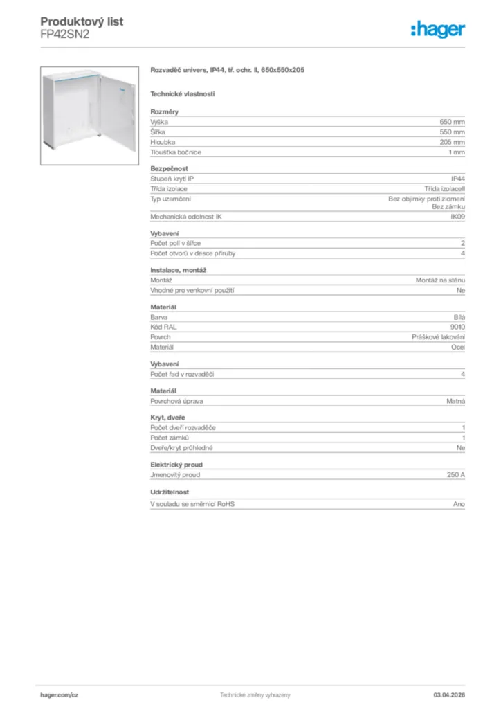 Obrázek Hager Product data sheet FP42SN2 | Hager