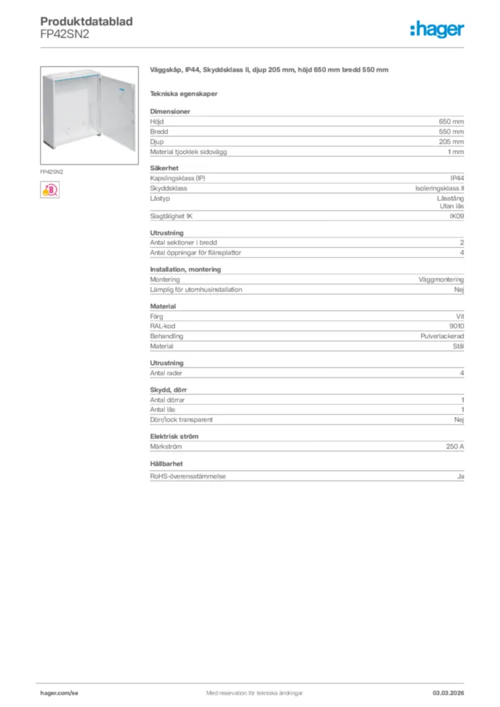 Bild Hager Produktdatablad FP42SN2 | Hager Sverige