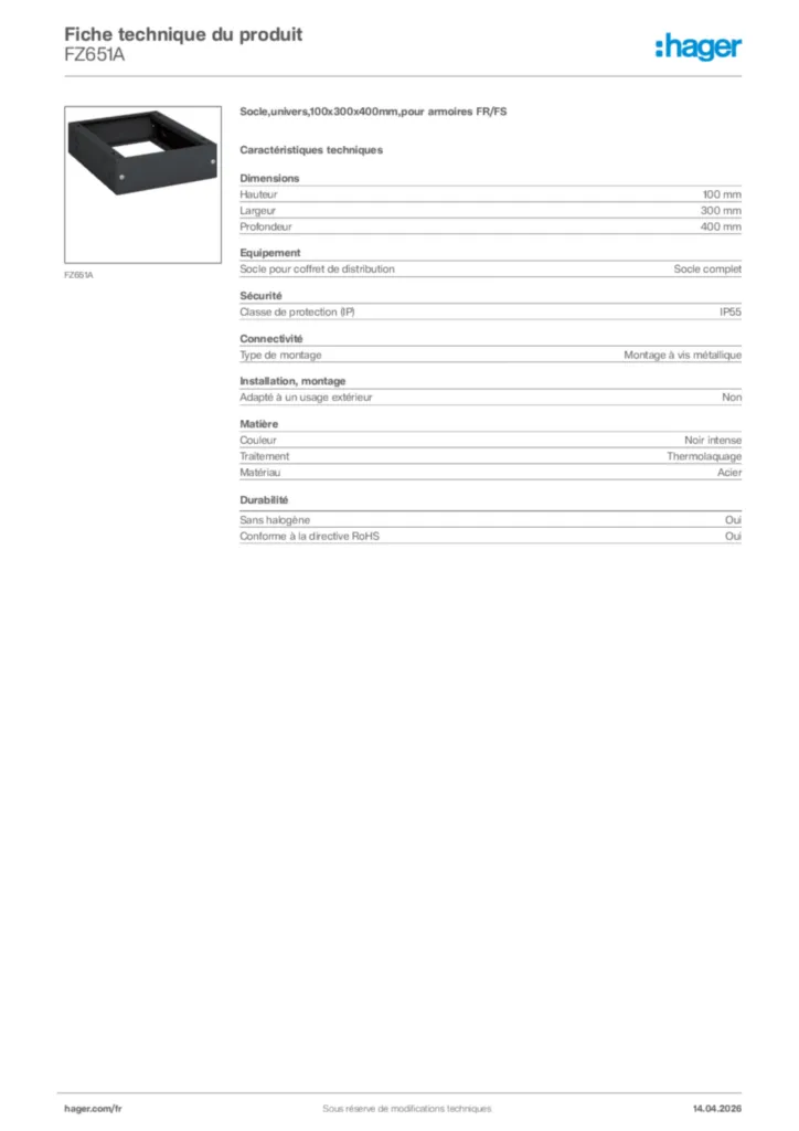 Image Hager Fiche technique du produit FZ651A | Hager France