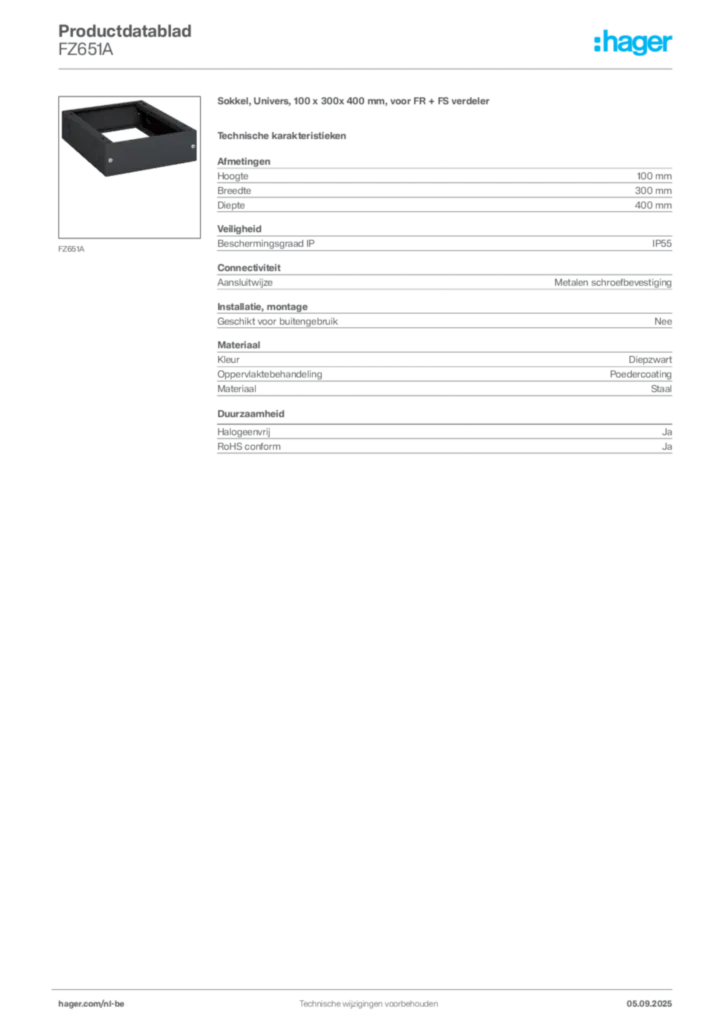Afbeelding Hager Productdatablad FZ651A | Hager Belgium
