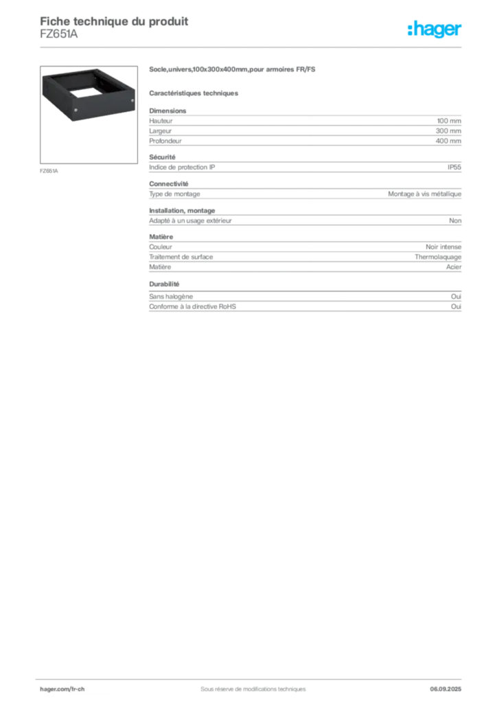 Image Hager Fiche technique du produit FZ651A | Hager Suisse