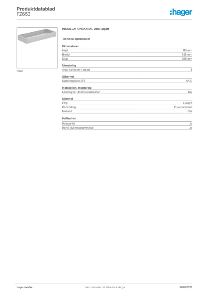 Bild Hager Produktdatablad FZ653 | Hager Sverige