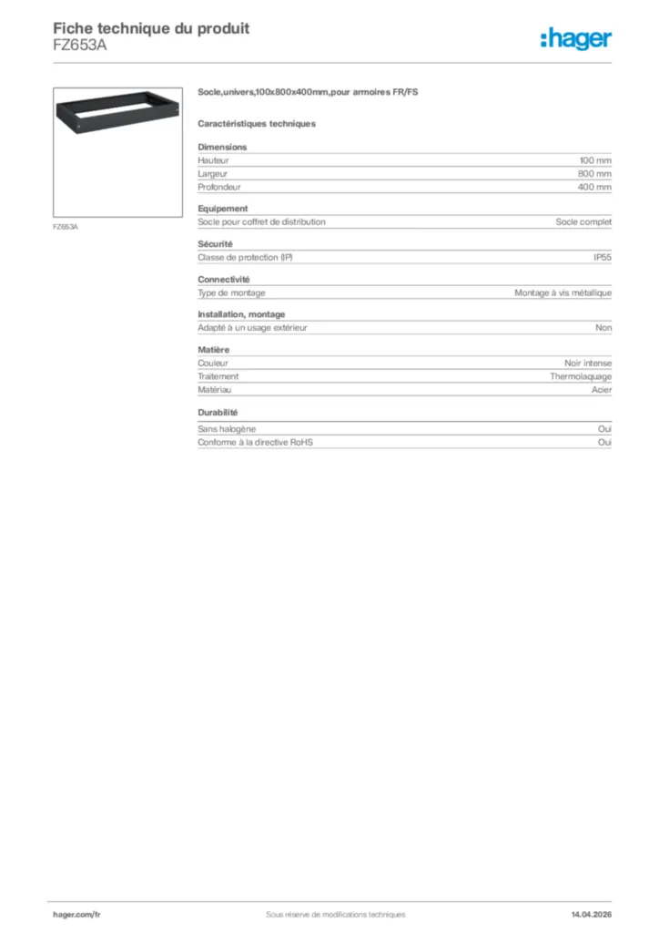 Image Hager Fiche technique du produit FZ653A | Hager France