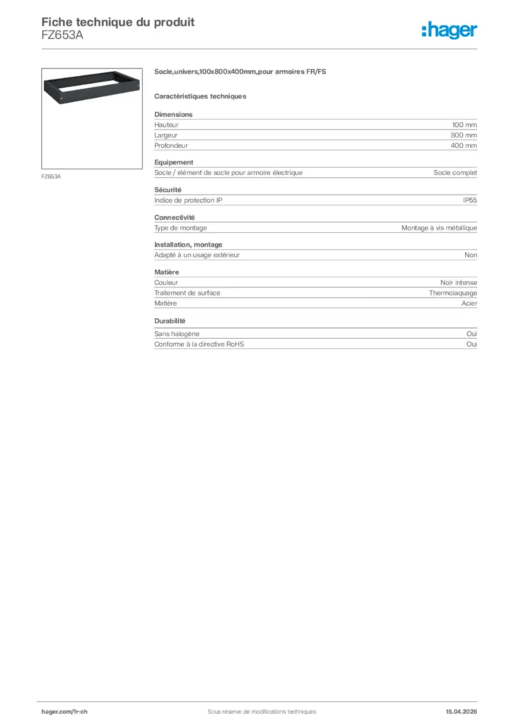 Image Hager Fiche technique du produit FZ653A | Hager Suisse