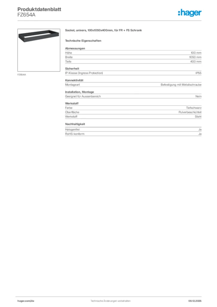 Hager Produktdatenblatt FZ654A