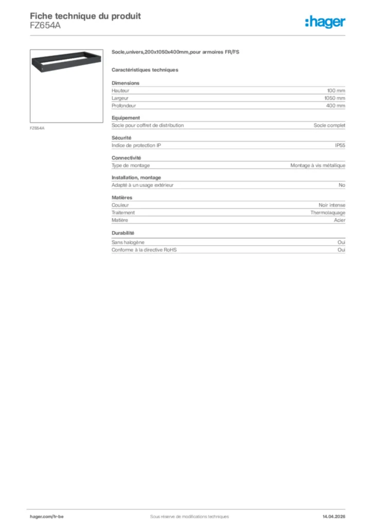 Image Hager Fiche technique du produit FZ654A | Hager Belgique